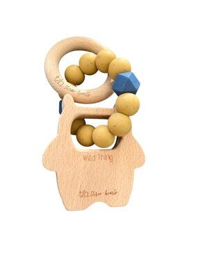 Three Hearts Wooden Teether With Silicone Beads "Wild Thing" Baby Rattle Natural